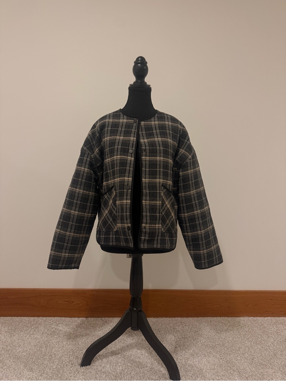 Zara Plaid Quilted Bomber Jacket - Black, Tan & Gray
